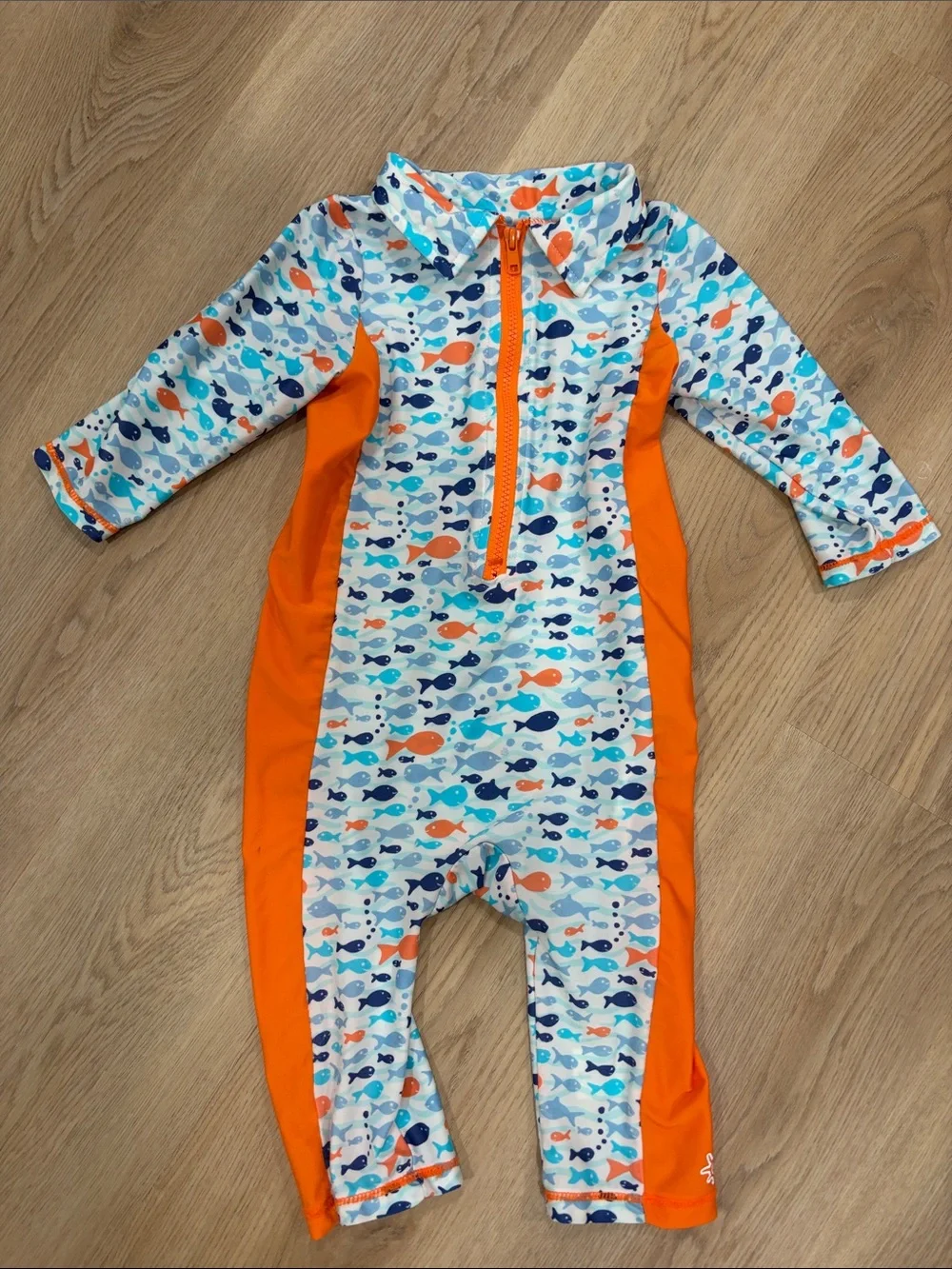 UV Skins Orange and Blue Fish Print Long-Sleeve One-Piece swim suit 3T